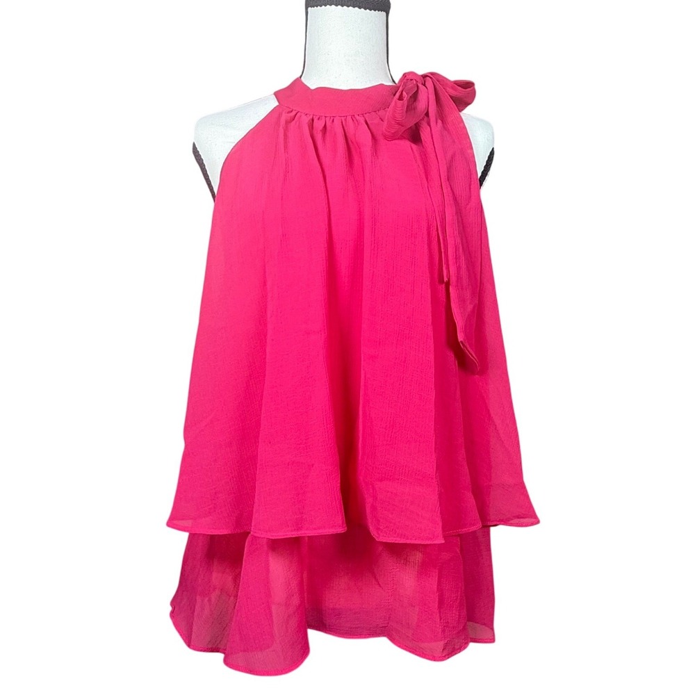 CeCe Halter Top Women‎ Small Hot Pink NEW Tiered Ruffle Bow Neck Romantic
